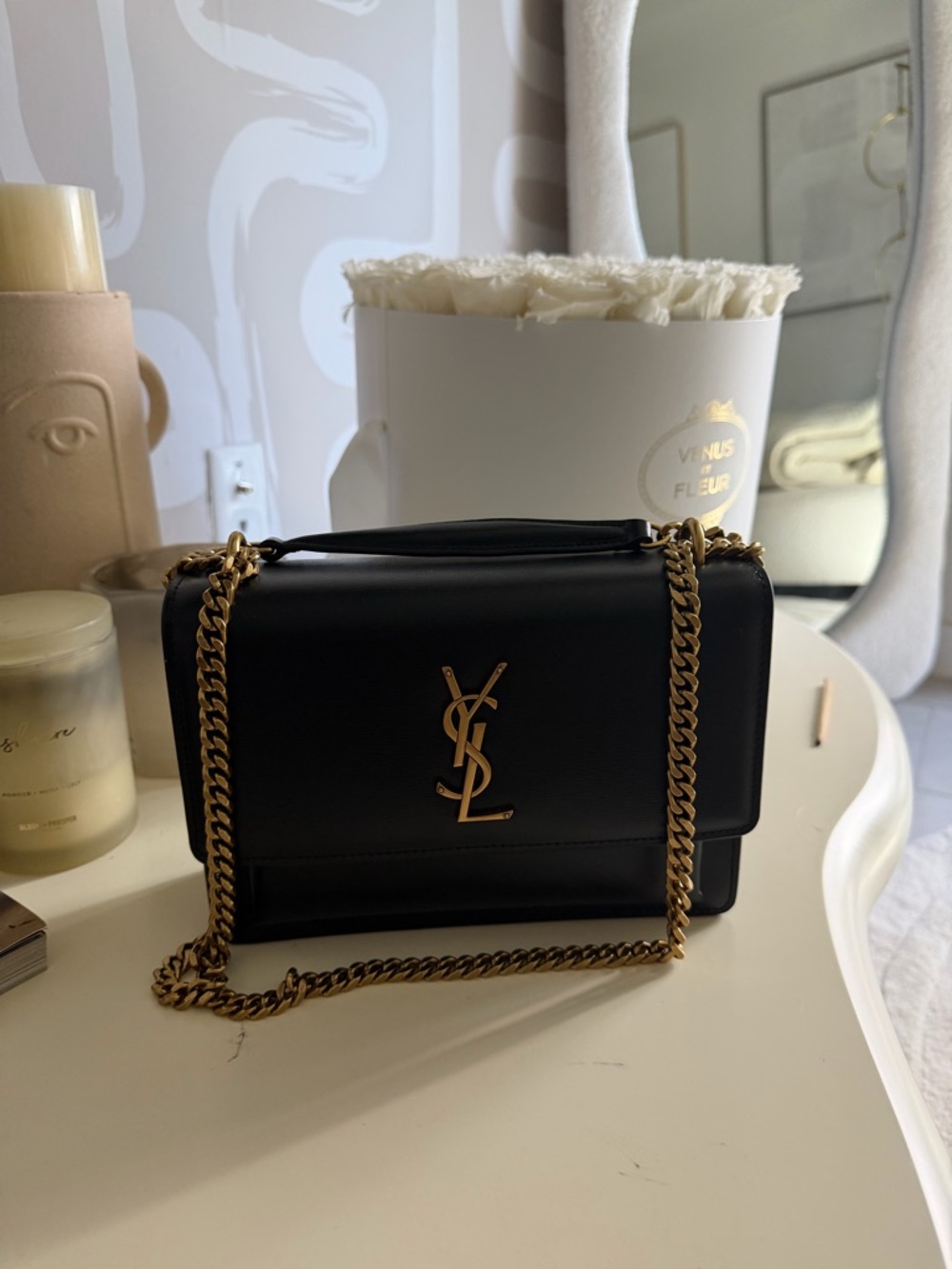 Saint Laurent Sunset Medium Black Leather Crossbody Bag with Gold Hardware